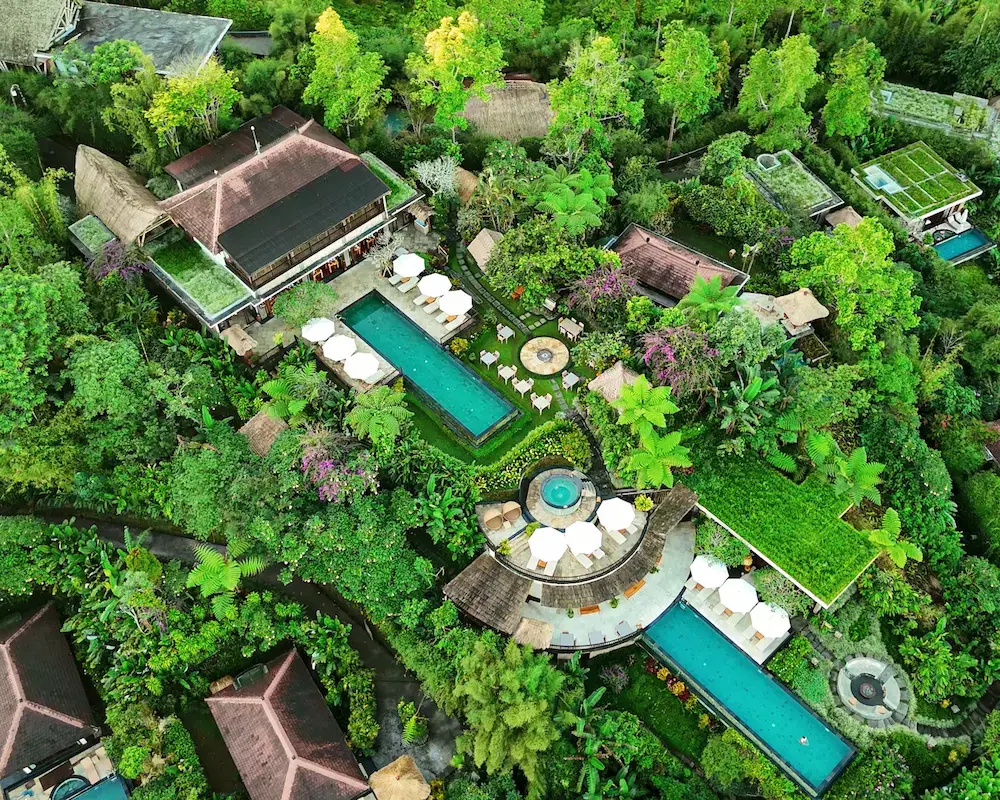 Aerial view above the Arak Bali Villa at Munduk Moding Plantation