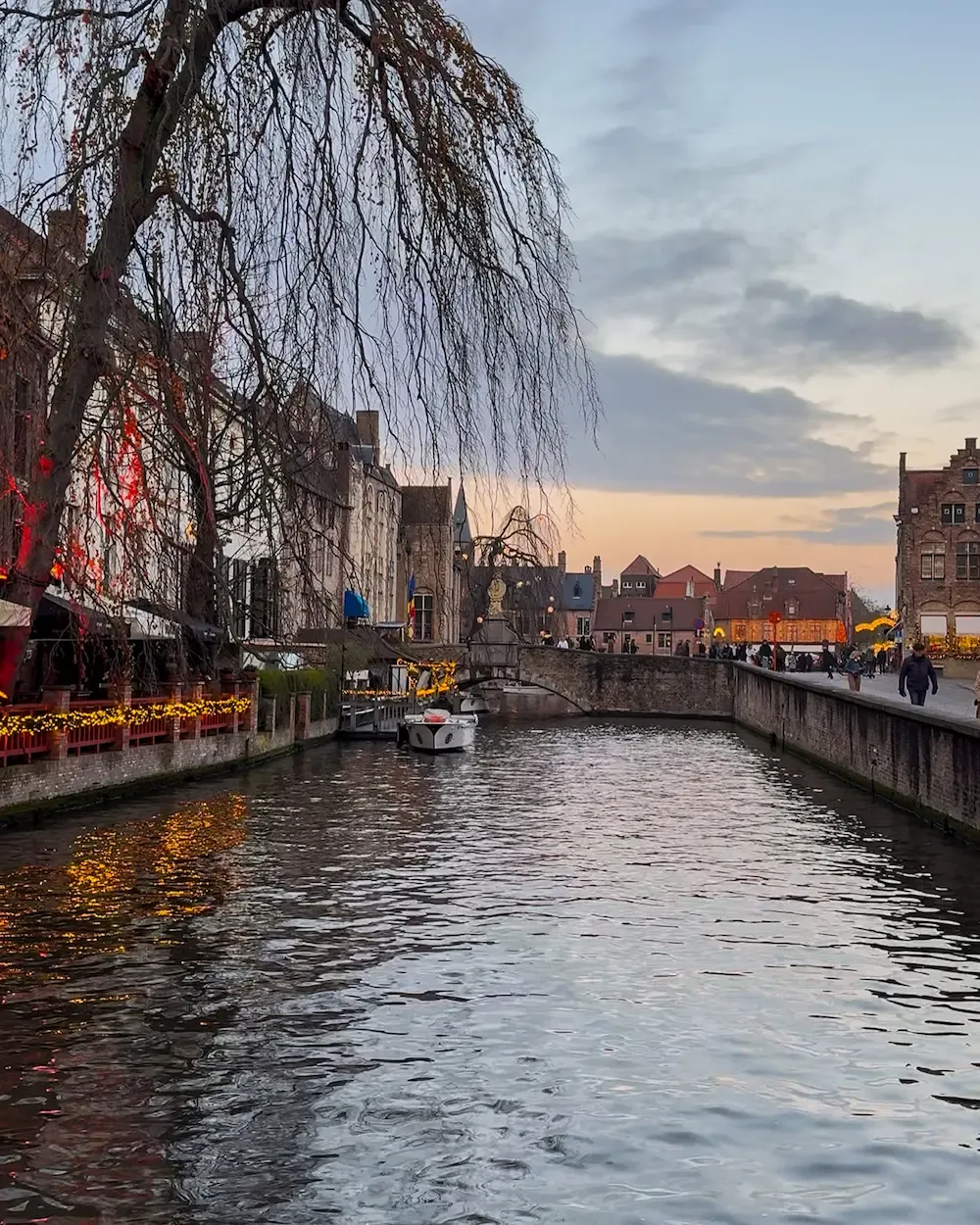 Canal boat tour passing under a bridge in Bruges